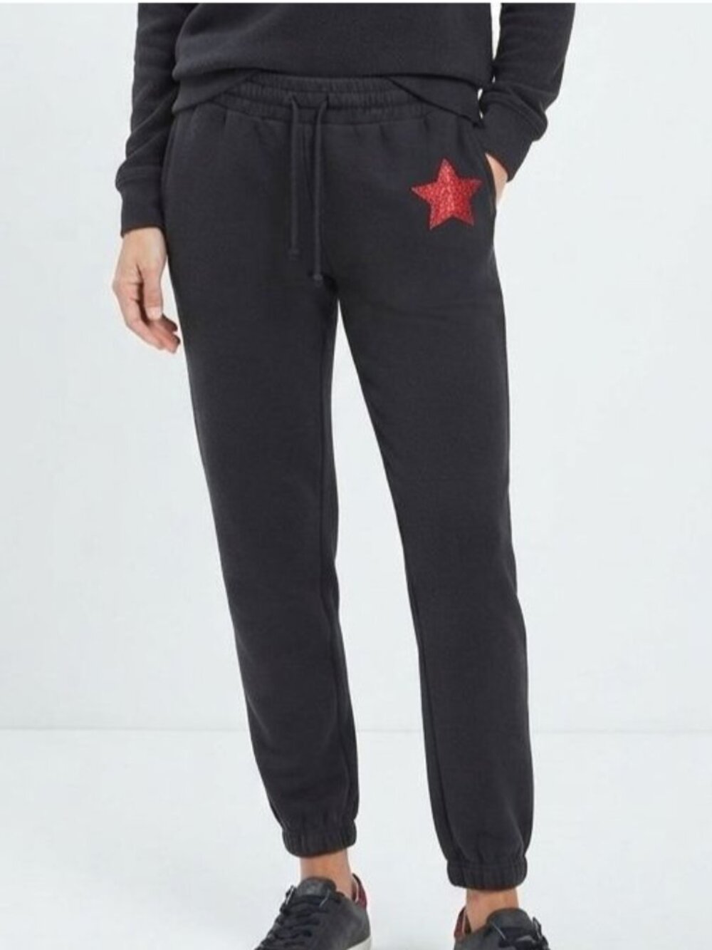 KUT & SO Black Cozy Fleece Joggers with Red Glitter Star Size Small